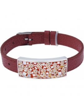 Adjustable watch strap in red leather 1 cm wide with mother of pearl enamel in tree pattern.