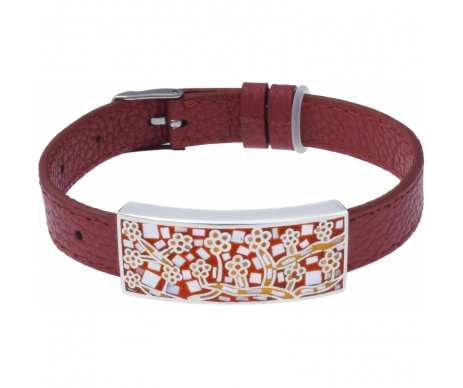 Adjustable watch strap in red leather 1 cm wide with mother of pearl enamel in tree pattern.
